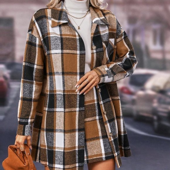 Khaki Casual Womens Check Pattern Drop Shoulder Button Front Jacket And Skirt - Picture 3 of 5